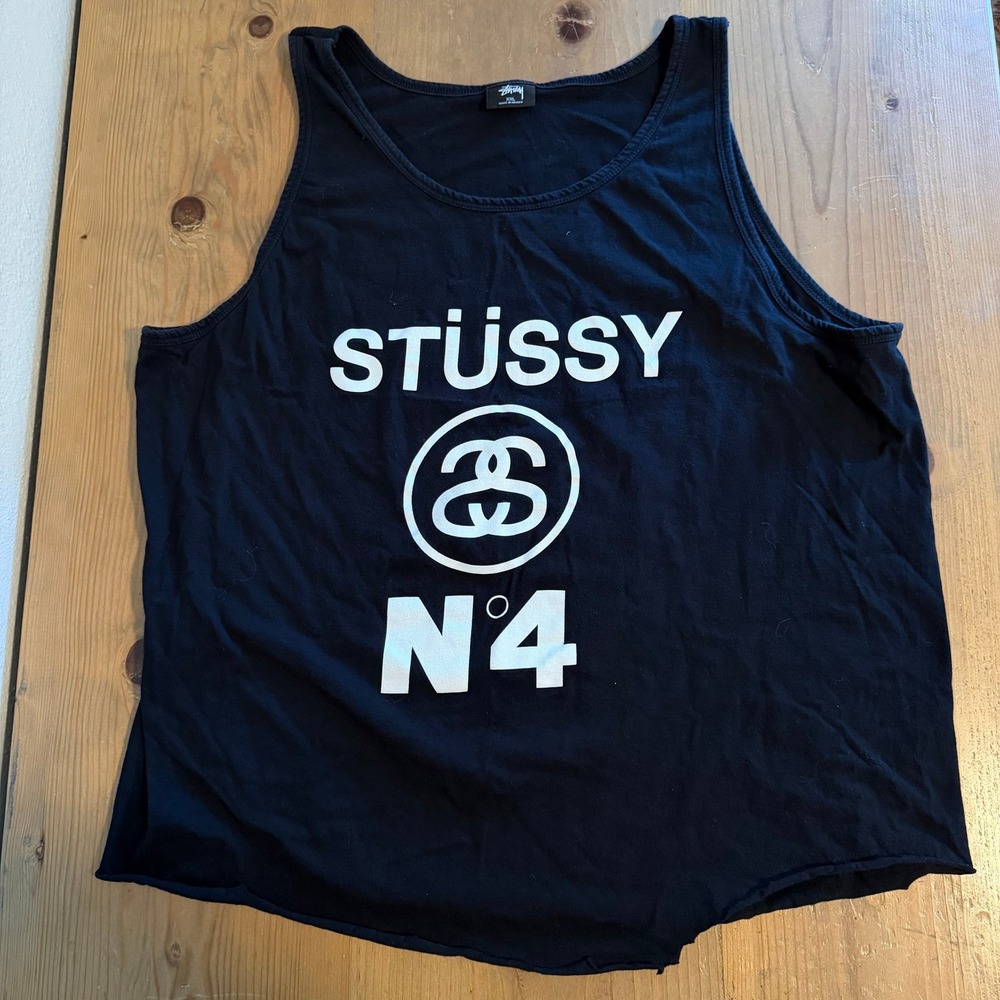 Stussy No. 4 SS Link Logo Tank Top Black XXL Mens Streetwear Raw Hem Graphic Tee